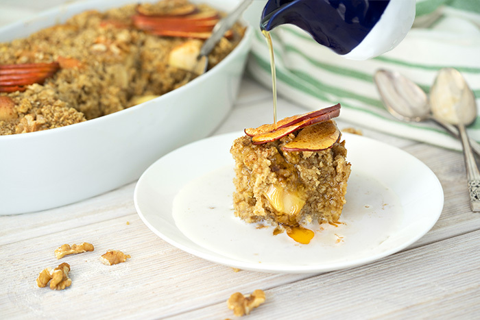 baked oatmeal drizzled with maple syrup