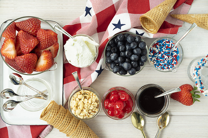 sundae toppings for red, white, and blue celebration